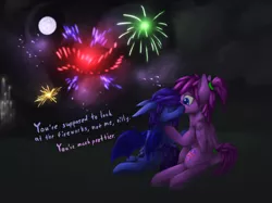 Size: 6252x4688 | Tagged: safe, artist:ampderg, derpibooru import, oc, unofficial characters only, bat pony, pegasus, pony, absurd resolution, couple, cute, dialogue, female, fireworks, kiss on the cheek, kissing, lesbian, moon, new year, night, scrunchie, tail scrunchie