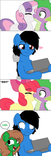 Size: 1024x3123 | Tagged: safe, derpibooru import, edit, apple bloom, spike, sweetie belle, oc, oc:sketchstar, dragon, pony, blushing, chair, computer, cute, female, filly, heart, kissing, laptop computer, lol, male, shipping, shipping denied, shipping fuel, shipping war, simple background, spike gets all the mares, spikebelle, spikebloom, straight, surprise kiss, surprised, white background