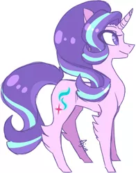 Size: 540x689 | Tagged: safe, artist:ajue, deleted from derpibooru, derpibooru import, starlight glimmer, pony, unicorn, female, fluffy, mare, profile, simple background, smiling, solo, white background