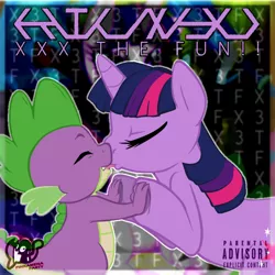 Size: 1400x1400 | Tagged: suggestive, artist:buttercupsaiyan, deleted from derpibooru, derpibooru import, spike, twilight sparkle, dragon, unicorn, album, album cover, bandcamp, cover art, double the fun, female, french kiss, implied foalcon, kilxyu, kissing, male, music, pinkamena party, shipping, sloppy kissing, straight, twispike