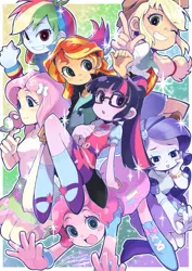 Size: 827x1169 | Tagged: safe, artist:ionaomichi, derpibooru import, applejack, fluttershy, pinkie pie, rainbow dash, rarity, sci-twi, sunset shimmer, twilight sparkle, bird, equestria girls, cute, dashabetes, diapinkes, humane five, humane seven, humane six, jackabetes, looking at you, mane six, one eye closed, raribetes, shimmerbetes, shyabetes, twiabetes, wink