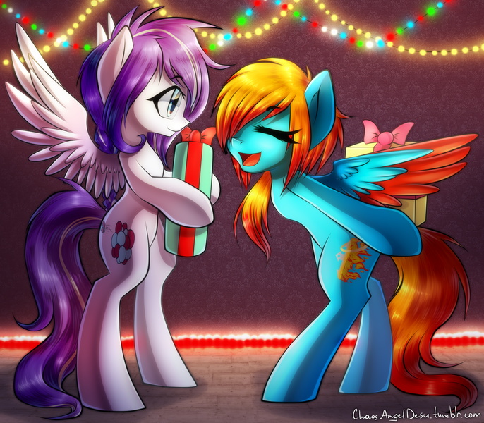 Size: 2400x2100 | Tagged: safe, artist:chaosangeldesu, derpibooru import, oc, oc:azure serenity, oc:chaos angel, unofficial characters only, pegasus, pony, bipedal, christmas, christmas lights, duo, holiday, present