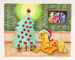 Size: 1000x795 | Tagged: safe, artist:kaikaku, derpibooru import, applejack, fluttershy, pinkie pie, rainbow dash, rarity, spike, twilight sparkle, twilight sparkle (alicorn), alicorn, dragon, apple, christmas, christmas tree, food, hat, holiday, mane six, picture frame, present, prone, santa hat, traditional art, tree