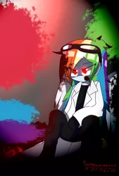 Size: 1350x2000 | Tagged: semi-grimdark, artist:pedrogamerds3456, derpibooru import, rainbow dash, fanfic:rainbow factory, equestria girls, blood, blood on goggles, clothes, female, gloves, goggles, lab coat, no more ponies at source, pants, rainbow factory dash, red eyes, solo