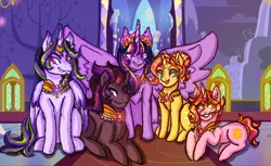 Size: 1024x625 | Tagged: safe, artist:flaredrake20, derpibooru import, king sombra, sunset shimmer, twilight sparkle, twilight sparkle (alicorn), oc, oc:midnight marvel, oc:sunbeam majesty, alicorn, family, family photo, female, lesbian, magical lesbian spawn, male, next generation, offspring, parent:king sombra, parent:sunset shimmer, parent:twilight sparkle, parents:sunsetsparkle, parents:twibra, polyamory, shipping, smugset shimmer, straight, sunsetsparkle, twibra