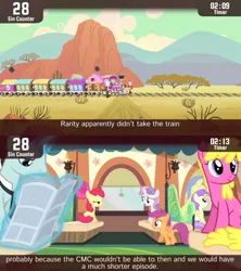 Size: 854x960 | Tagged: safe, derpibooru import, screencap, apple bloom, scootaloo, sweetie belle, earth pony, pegasus, pony, unicorn, cinemare sins, for whom the sweetie belle toils, background pony, cutie mark crusaders, female, filly, train