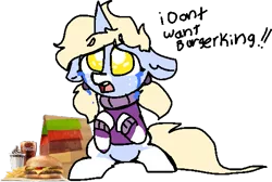 Size: 535x360 | Tagged: safe, artist:nootaz, derpibooru import, oc, oc:nootaz, unofficial characters only, pony, burger, burger king, cheeseburger, clothes, coca-cola, crying, female, filly, floppy ears, food, freckles, hamburger, looking up, meat, noot abuse, sad, simple background, sundae, sweater, transparent background