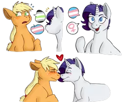 Size: 1500x1250 | Tagged: safe, artist:rabbune, derpibooru import, applejack, rarity, agender, agender pride flag, alternate hairstyle, blushing, boop, cute, eyes closed, female, female symbol, heart, lesbian, lgbt, noseboop, pictogram, pride, pride flag, rarijack, shipping, short hair, simple background, trans girl, transgender, transgender pride flag, transparent background