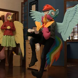 Size: 1500x1500 | Tagged: safe, artist:tahublade7, derpibooru import, fluttershy, rainbow dash, scootaloo, anthro, pegasus, plantigrade anthro, 3d, boots, clothes, cute, daz studio, female, glomp, image, indoors, pants, png, scootalove, shoes, size difference, skirt, wings