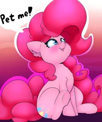 Size: 2000x2400 | Tagged: safe, artist:madacon, derpibooru import, pinkie pie, earth pony, pony, blushing, cheek fluff, chest fluff, cute, dialogue, diapinkes, ear fluff, female, fluffy, gradient background, looking up, mare, open mouth, petting, ponk, shoulder fluff, smiling, solo, underhoof