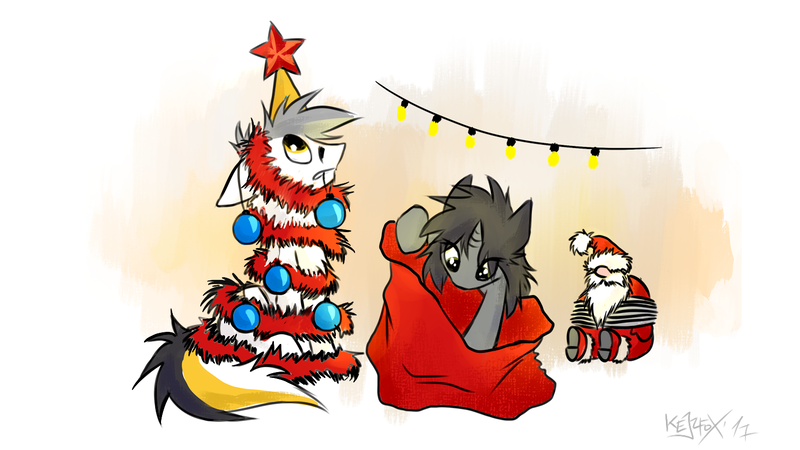 Size: 1510x849 | Tagged: safe, artist:kejifox, derpibooru import, oc, oc:kate, oc:kej, unofficial characters only, pony, unicorn, bauble, bondage, christmas, christmas tree, female, holiday, k+k, male, mare, sack, santa claus, santa sack, stallion, straight, tree, tree costume