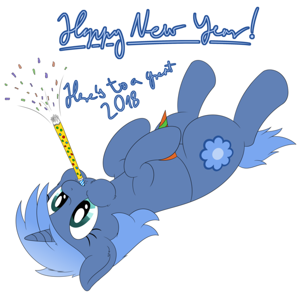 Size: 3572x3492 | Tagged: safe, artist:djdavid98, derpibooru import, oc, oc:double colon, unofficial characters only, pony, 2018, confetti, english, happy new year 2018, hat, high res, image, new year, on back, party hat, party horn, png, simple background, solo, text, transparent background