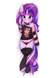 Size: 850x1200 | Tagged: suggestive, artist:apony, derpibooru import, edit, editor:andyfish, starlight glimmer, twilight sparkle, alicorn, pony, semi-anthro, unicorn, arm warmers, blushing, both cutie marks, clothes, collar, cute, cutie mark collar, ear fluff, female, glimmerbetes, implied lesbian, implied shipping, implied twistarlight, leg warmers, looking at you, mare, midriff, pajamas, panties, plot, shirt, smiling, socks, solo, solo female, striped socks, underhoof, underwear