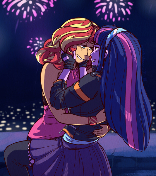 Size: 2400x2700 | Tagged: safe, artist:overlordneon, derpibooru import, sunset shimmer, twilight sparkle, human, equestria girls, blue hair, city, clothes, duo, female, fingerless gloves, fireworks, gloves, happy new year, happy new year 2018, headband, holiday, humanized, jacket, lesbian, long hair, looking at each other, multicolored hair, night, outdoors, pink hair, purple hair, red hair, shipping, skirt, smiling, sunsetsparkle, yellow hair