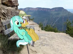 Size: 800x598 | Tagged: artist:didgereethebrony, australia, bench, blue mountains, chair, cliff, cliffs, cliff walk, daring do, derpibooru import, irl, katoomba, lyra heartstrings, meme, photo, plateau, ponies in real life, safe, seat, sitting, sitting lyra