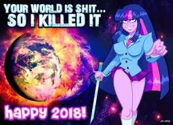 Size: 1662x1200 | Tagged: semi-grimdark, suggestive, artist:curtsibling, derpibooru import, twilight sparkle, equestria girls, boasting, breasts, caption, clothes, edgy, evil twilight, fan service, female, fire, happy new year, holiday, katana, legs, looking at you, necktie, pleated skirt, pointing at you, pose, short skirt, skirt, skirt lift, smiling, socks, solo, solo female, sword, the end of the world, thighs, tight clothing, weapon