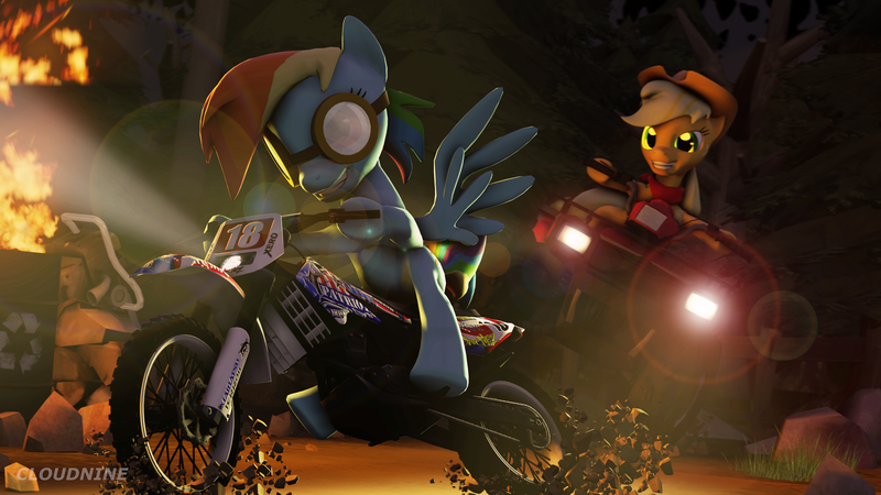Size: 7680x4320 | Tagged: safe, artist:calveen, derpibooru import, applejack, rainbow dash, earth pony, pegasus, pony, 3d, absurd resolution, atv, chainsaw, dirt, dirtbike, fire, forest, goggles, grin, headlights, leaning, lens flare, motorcycle, riding, rock, smiling, source filmmaker, turning, wallpaper, wings