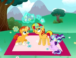 Size: 1024x786 | Tagged: safe, artist:doodledaydreamer, derpibooru import, starlight glimmer, sunburst, sunset shimmer, pony, unicorn, blank flank, brother and sister, colt, colt sunburst, excited, female, field, filly, filly starlight glimmer, floral head wreath, flower, foalsitting, glowing horn, happy, magic, male, picnic, pigtails, raised hoof, ribbon, sunny siblings, tongue out, younger