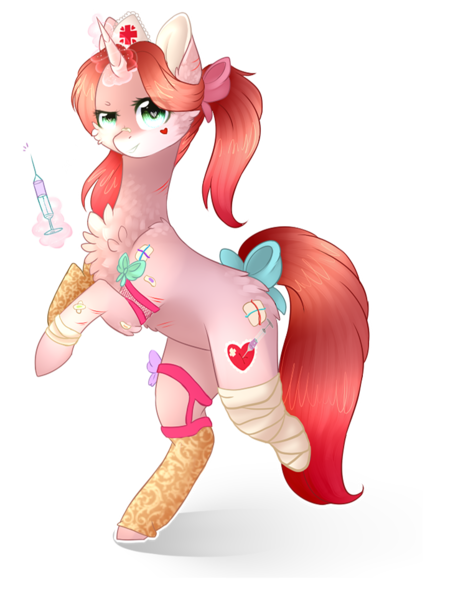 Size: 723x963 | Tagged: safe, artist:twinkepaint, derpibooru import, oc, oc:serenity, unofficial characters only, pony, unicorn, amputee, bandage, bow, chest fluff, clothes, female, hair bow, magic, mare, simple background, socks, solo, syringe, tail bow, transparent background