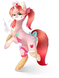 Size: 723x963 | Tagged: safe, artist:twinkepaint, derpibooru import, oc, oc:serenity, unofficial characters only, pony, unicorn, amputee, bandage, bow, chest fluff, clothes, female, hair bow, magic, mare, simple background, socks, solo, syringe, tail bow, transparent background