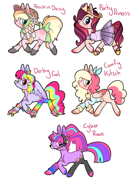 Size: 1304x1851 | Tagged: safe, artist:elskafox, derpibooru import, oc, unofficial characters only, earth pony, pegasus, pony, unicorn, bow, clothes, dress, flower, flower in hair, hat, headset, jewelry, leggings, magical lesbian spawn, next generation, offspring, parent:applejack, parent:fluttershy, parent:pinkie pie, parent:rainbow dash, parent:rarity, parent:twilight sparkle, parents:applepie, parents:flutterpie, parents:pinkiedash, parents:raripie, parents:twinkie, rainbow hair, rainbow socks, ribbon, roller skates, shirt, simple background, socks, striped socks, tail bow, tiara, transparent background