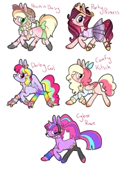 Size: 1304x1851 | Tagged: safe, artist:elskafox, derpibooru import, oc, unofficial characters only, earth pony, pegasus, pony, unicorn, bow, clothes, dress, flower, flower in hair, hat, headset, jewelry, leggings, magical lesbian spawn, next generation, offspring, parent:applejack, parent:fluttershy, parent:pinkie pie, parent:rainbow dash, parent:rarity, parent:twilight sparkle, parents:applepie, parents:flutterpie, parents:pinkiedash, parents:raripie, parents:twinkie, rainbow hair, rainbow socks, ribbon, roller skates, shirt, simple background, socks, striped socks, tail bow, tiara, transparent background
