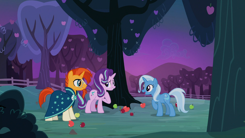 Size: 1920x1080 | Tagged: safe, derpibooru import, screencap, starlight glimmer, sunburst, trixie, uncommon bond, apple, apple tree, bush, dawn, fence, food, grin, hill, scenery, smiling, tree