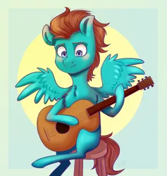 Size: 2160x2280 | Tagged: safe, artist:shiro-roo, derpibooru import, oc, unofficial characters only, pegasus, pony, abstract background, chest fluff, guitar, male, sitting, solo, spread wings, stallion, stool, wings, ych result