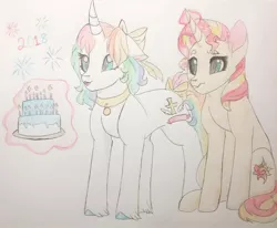 Size: 1024x845 | Tagged: safe, artist:evergreen-gemdust, derpibooru import, sunset shimmer, oc, pony, unicorn, bow, cake, female, food, hair bow, magic, mare, sitting, tail bow, traditional art