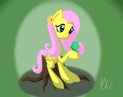 Size: 992x781 | Tagged: safe, artist:sergeantkitz, derpibooru import, fluttershy, butterfly, pegasus, pony, flower, flower in hair, folded wings, hair ornament, hoof hold, looking at something, raised hoof, sitting, smiling, solo, tree stump