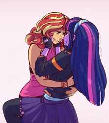 Size: 2400x2700 | Tagged: safe, artist:overlordneon, derpibooru import, sunset shimmer, twilight sparkle, human, equestria girls, accessory swap, blue hair, clothes, female, fingerless gloves, gloves, headband, hug, humanized, jacket, lesbian, long hair, looking at each other, love, multicolored hair, pink hair, purple hair, red hair, shipping, skirt, smiling, sunsetsparkle, yellow hair, zipper