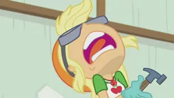 Size: 1280x720 | Tagged: safe, derpibooru import, screencap, applejack, constructive criticism, equestria girls, equestria girls series, aaugh!, geode of super strength, goggles, hammer, hard hat, jewelry, magical geodes, necklace, nose in the air, open mouth, ouch, screaming, solo, volumetric mouth