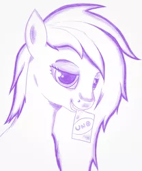 Size: 1300x1563 | Tagged: safe, artist:kito, derpibooru import, pony, bust, card, cute, female, mare, misleading thumbnail, monochrome, pencil, portrait, smiling, smirk, solo, uno