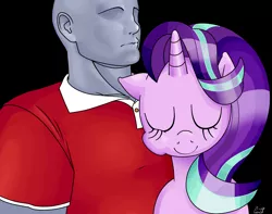 Size: 3100x2448 | Tagged: safe, artist:aerthmanolo, derpibooru import, starlight glimmer, oc, oc:anon, human, pony, unicorn, couple, cuddling, cute, duo, eyes closed, female, floppy ears, glimmerbetes, human male, imma snuggle you, male, mare, polo shirt, shipping, simple background, smiling