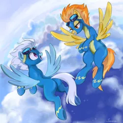 Size: 1000x1000 | Tagged: safe, artist:jus+ice, artist:kanerudo66, derpibooru import, fleetfoot, spitfire, pegasus, pony, butt, clothes, cloud, duo, eyes on the prize, female, flying, goggles, image, lidded eyes, looking at each other, looking at someone, mare, open mouth, open smile, plot, png, sky, smiling, spread wings, traditional art, uniform, wings, wonderbolts, wonderbolts uniform