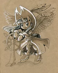 Size: 700x881 | Tagged: safe, artist:maytee, derpibooru import, twilight sparkle, twilight sparkle (alicorn), alicorn, pony, captain twilight, clothes, colored pencil drawing, female, looking at you, mare, marker drawing, monochrome, pirate, pirate twilight, sepia, solo, traditional art