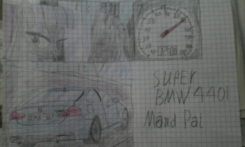 Size: 2240x1344 | Tagged: anthro, bmw, car, derpibooru import, feet, graph paper, maud pie, pedal, safe, smiling, solo, traditional art