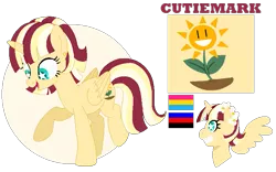 Size: 719x450 | Tagged: safe, artist:iesbeans, derpibooru import, oc, oc:morning glow, unofficial characters only, alicorn, pony, alicorn oc, cutie mark, flower, flower in hair, looking down, magical lesbian spawn, next generation, offspring, parent:sunset shimmer, parent:twilight sparkle, parents:sunsetsparkle, reference sheet, simple background, smiling, solo, starry eyes, sunflower, transparent background, wingding eyes