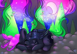 Size: 7016x4961 | Tagged: safe, artist:cutepencilcase, derpibooru import, princess luna, alicorn, pony, abstract background, absurd resolution, cloud, crescent moon, female, mare, moon, mountain, redraw, sleeping, smiling, solo, tree