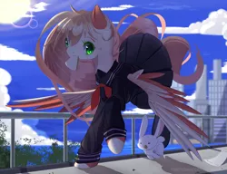 Size: 3080x2369 | Tagged: safe, artist:togeticisa, derpibooru import, oc, unofficial characters only, pegasus, pony, rabbit, art trade, city, cityscape, clothes, faic, female, outdoors, pleated skirt, running, scenery, school uniform, schoolgirl toast, skirt, skirt lift, solo