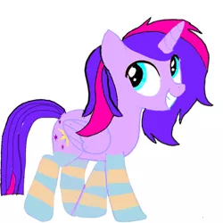 Size: 768x768 | Tagged: alicorn, alicorn oc, artist:wonderschwifty, clothes, derpibooru import, looking up, oc, oc:wonder sparkle, safe, simple background, smiling, socks, solo, striped socks, unofficial characters only, white background