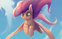 Size: 1308x830 | Tagged: dead source, safe, artist:noctilucent-arts, derpibooru import, fluttershy, pegasus, pony, cloud, cropped, female, flying, mare, sky, smiling, solo, spread wings, windswept mane, wings