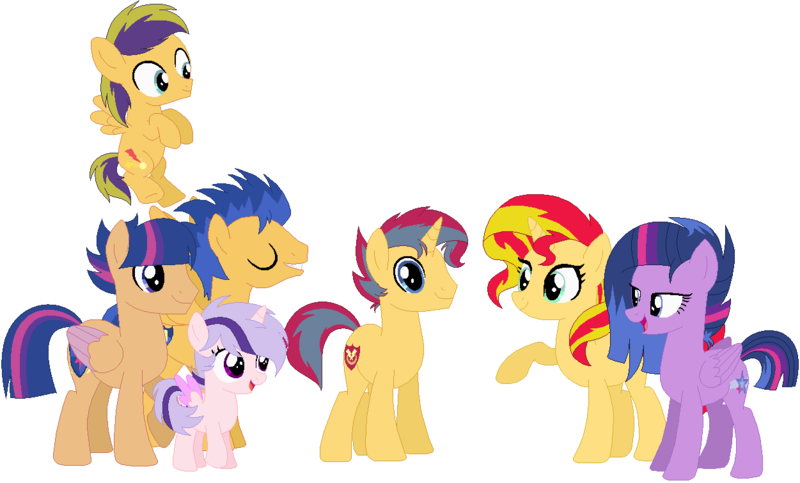 Size: 1251x756 | Tagged: safe, artist:emabases, derpibooru import, flash sentry, sunset shimmer, twilight sparkle, bisexual, family, female, flashimmer, flashlightshimmer, lesbian, male, offspring, parent:flash sentry, parent:sunset shimmer, parent:twilight sparkle, parents:flashimmer, parents:flashlight, polyamory, shipping, straight, sunsetsparkle