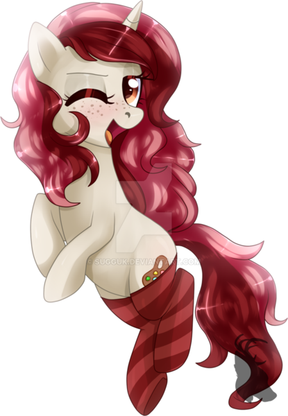 Size: 800x1157 | Tagged: safe, artist:sugguk, derpibooru import, oc, oc:red palette, unofficial characters only, pony, unicorn, clothes, female, mare, one eye closed, simple background, socks, solo, striped socks, transparent background, watermark, wink