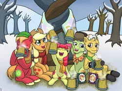 Size: 1280x960 | Tagged: safe, artist:mkogwheel, derpibooru import, apple bloom, applejack, big macintosh, bright mac, grand pear, granny smith, pear butter, apple family, apple siblings, apple sisters, applejack's parents, both cutie marks, brother and sister, cheers, cider, clothes, crying, cutie mark, days gone by, father and daughter, father and son, father and son-in-law, female, food, grandfather and grandchild, grandfather and granddaughter, grandfather and grandson, grandmother and grandchild, grandmother and granddaughter, grandmother and grandson, intertwined trees, it's a pony kind of christmas, laughing, libation, male, mother and child, mother and daughter, mother and daughter-in-law, mother and son, mug, scarf, siblings, sisters, tankard, the cmc's cutie marks, winter