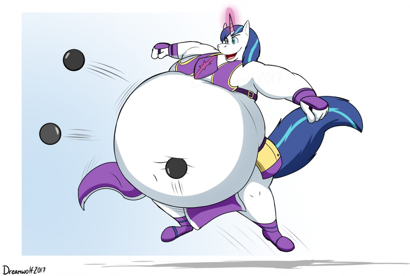 Size: 1280x860 | Tagged: anthro, artist:th0mas, belly, belly bumps, belly button, belly expansion, bhm, big belly, bouncing, cannonball, derpibooru import, fat, growth, inflatable, inflation, leaping, magic, magic inflation, male, musclegut, muscles, questionable, shining armor, shining blubber, solo, swelling armor, swollen armor, wardrobe malfunction, weight gain