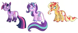 Size: 1481x640 | Tagged: safe, artist:xenon, derpibooru import, starlight glimmer, sunset shimmer, twilight sparkle, classical unicorn, pony, unicorn, alternate cutie mark, alternate design, alternate hairstyle, cloven hooves, coat markings, colored hooves, extended cutie mark, female, leonine tail, mare, redesign, simple background, unshorn fetlocks, white background