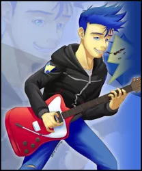 Size: 720x864 | Tagged: safe, artist:tarenest, derpibooru import, flash sentry, equestria girls, equestria girls series, clothes, guitar, hoodie, male, pants, solo, zoom layer