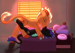Size: 2272x1628 | Tagged: suggestive, artist:rivibaes, derpibooru import, oc, oc:carania, oc:orobas, unofficial characters only, dracony, hybrid, pony, backlighting, bed, bedroom, blushing, claws, explicit source, female, heart, heart pillow, held down, holding hooves, horns, imminent sex, kissing, legs in air, lying, male, mare, oc x oc, on back, oronia, pillow, shipping, spread legs, spread wings, spreading, stallion, straight, sunset, tail, window, wings