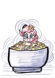 Size: 912x1280 | Tagged: safe, artist:shoeunit, derpibooru import, pinkie pie, earth pony, pony, bowl, colored pencil drawing, corn, esquites, female, food, mare, ponies in food, solo, traditional art